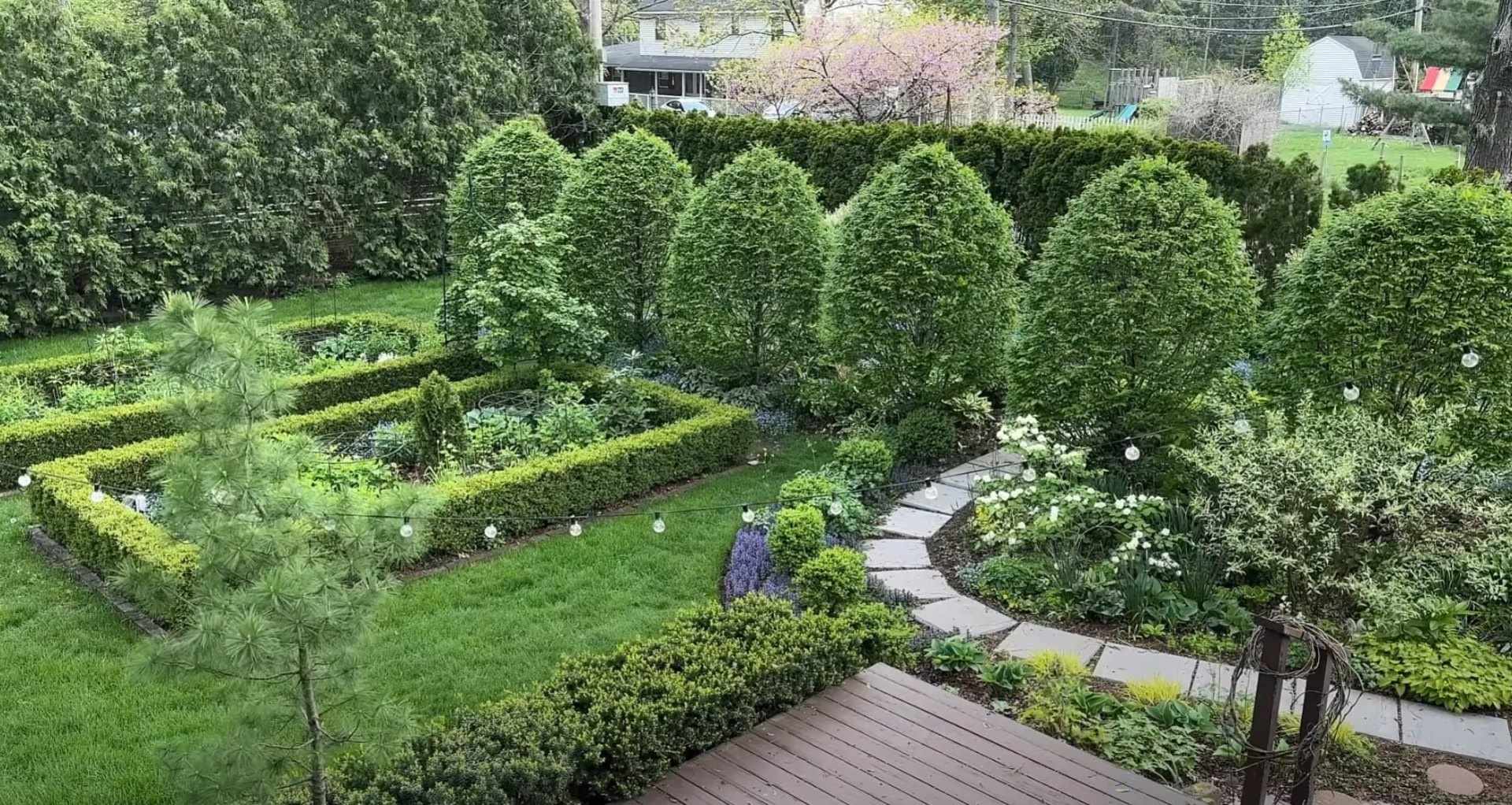 Formal Garden Design & Installation Aerial view of formal garden design with geometric lawn patterns and mature tree borders